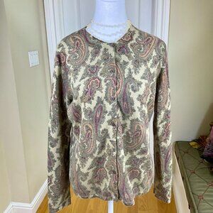 Susan Bristol Sweater Cardigan Lambswool Angora Paisley Beige Burgundy (L)